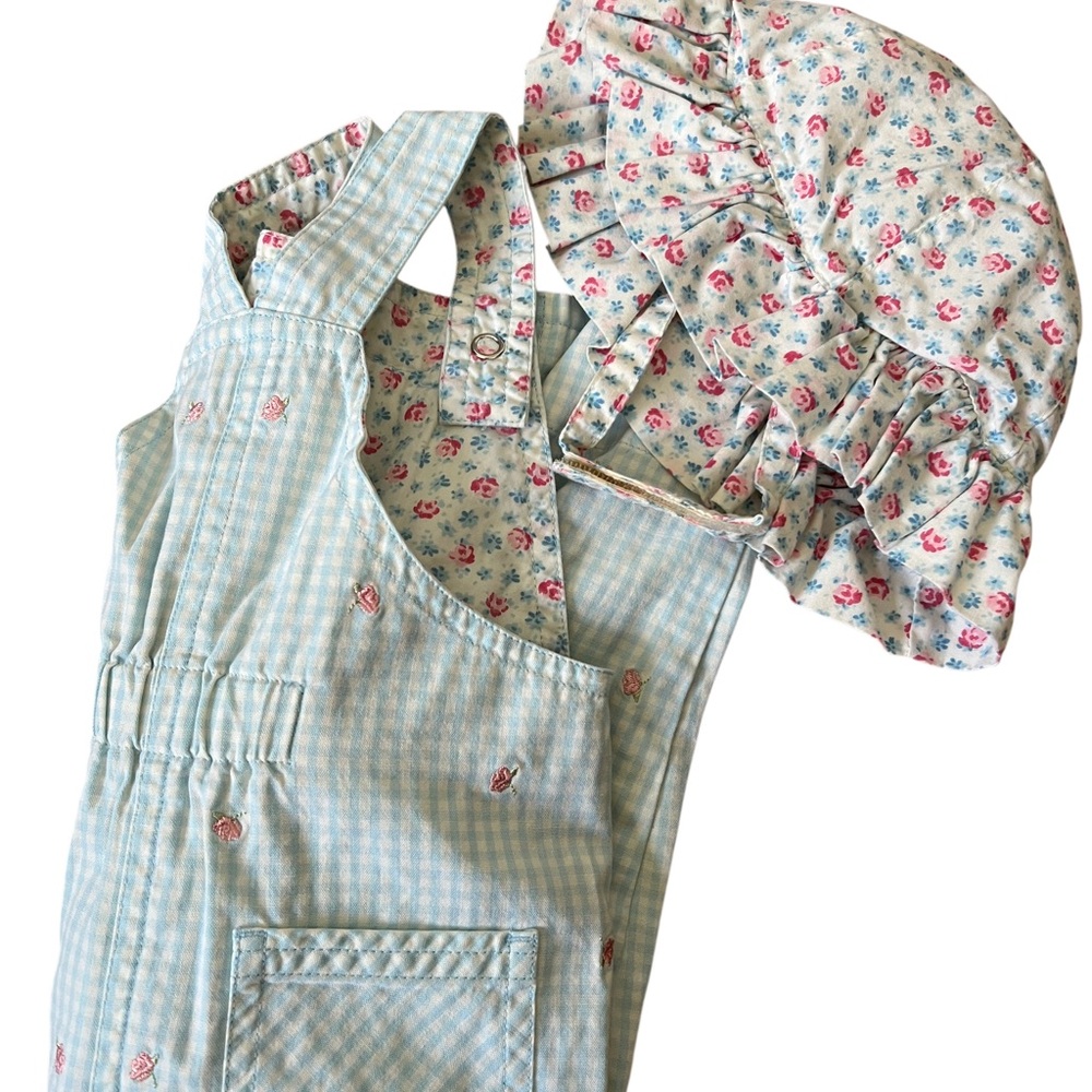 Gymboree Aqua Gingham Pink Floral overalls with Matching Sun Hat Size 6-9mths - Picture 4 of 6